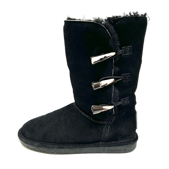 BearPaw Suede Black Sheepskin Wool Toggle Boots 917W-Jade, Size 8 - Picture 3 of 16